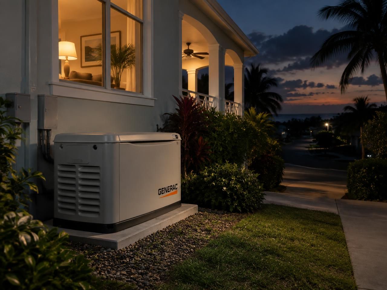 A home backup generator running beside a lit island house at dusk