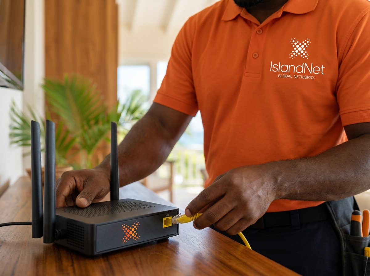 An IslandNet technician setting up a home Wi-Fi router