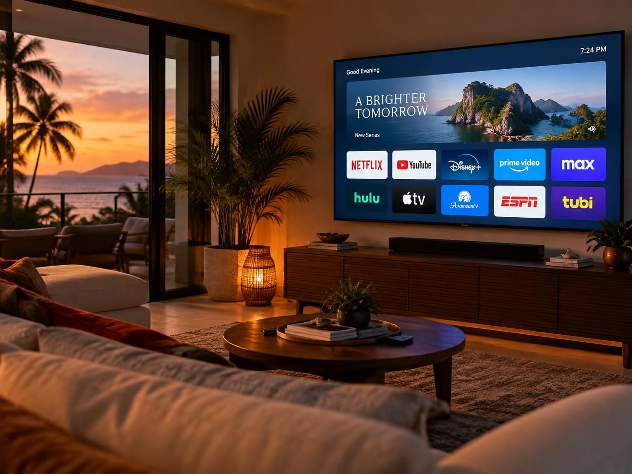A smart TV showing streaming apps in a Caribbean living room