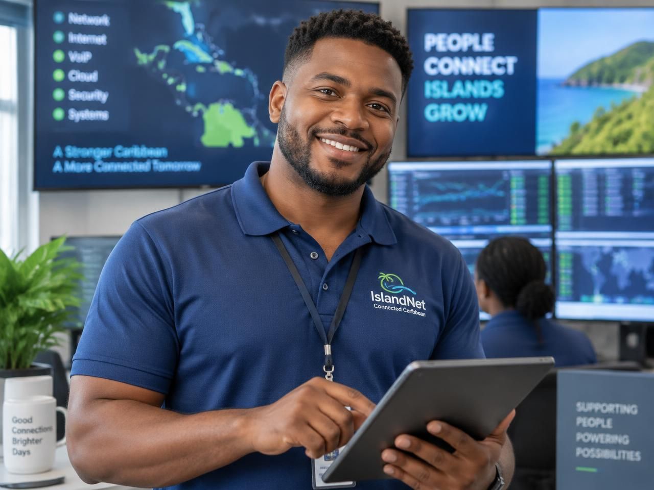 An IslandNet support technician working in front of monitoring screens