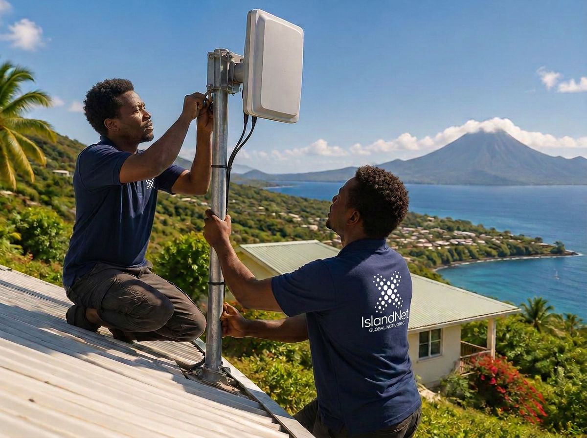 Technicians installing a rooftop wireless connection